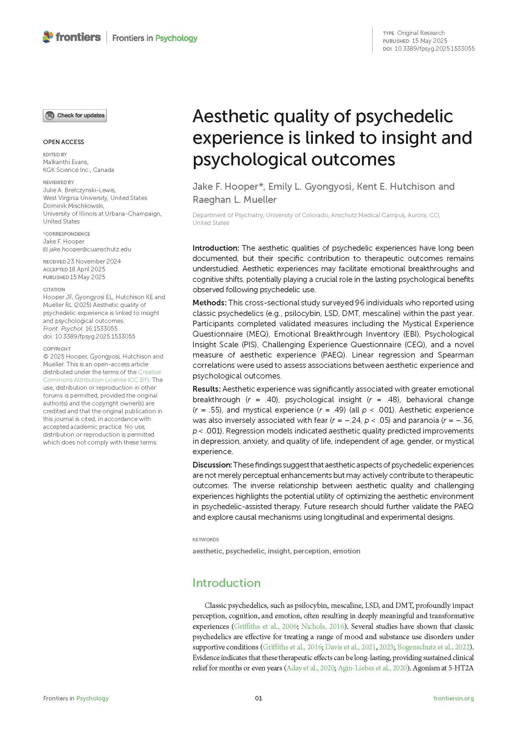 Aesthetic quality of psychedelic experience is linked to insight and psychological outcomes