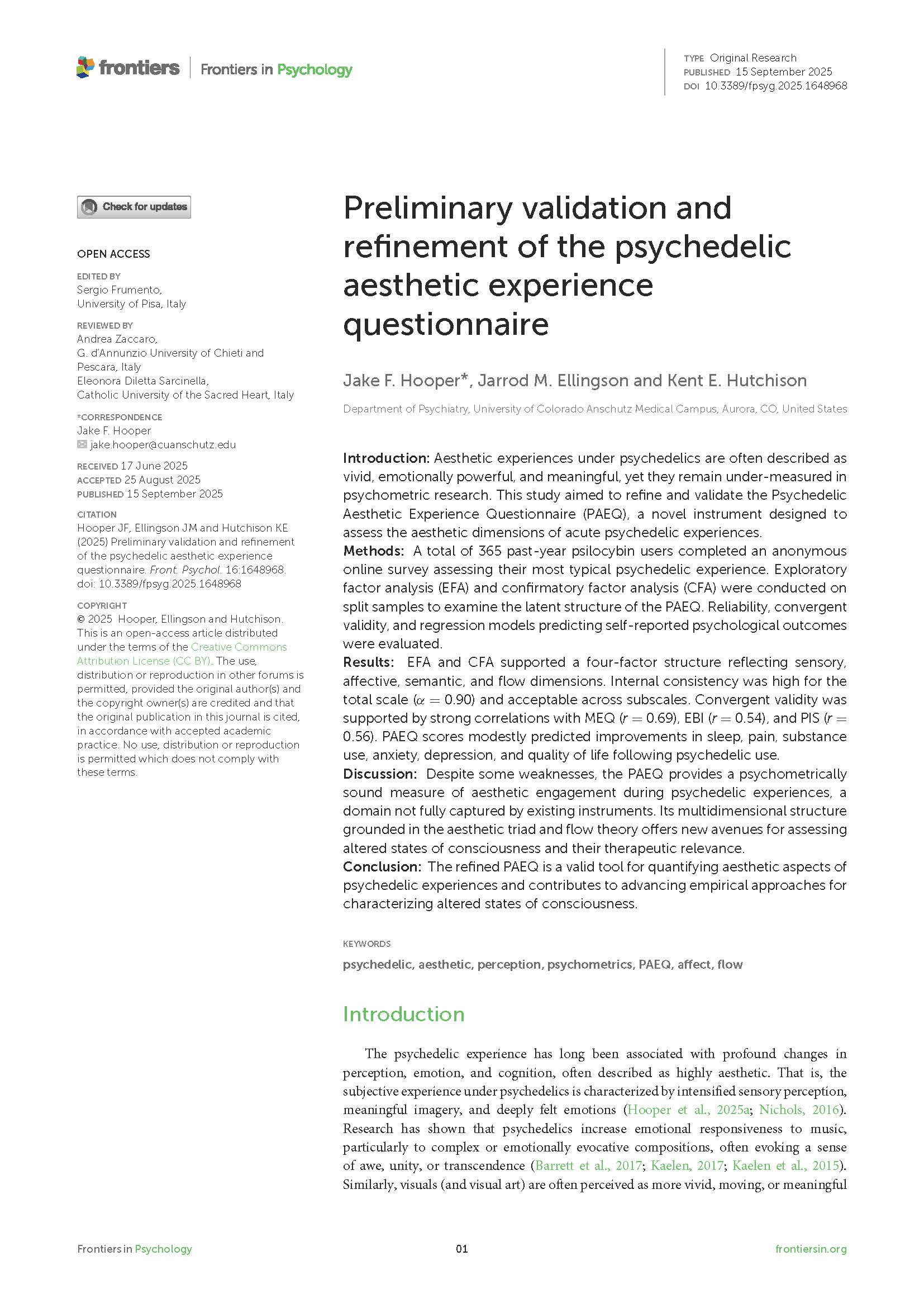 Preliminary validation and refinement of the psychedelic aesthetic experience questionnaire