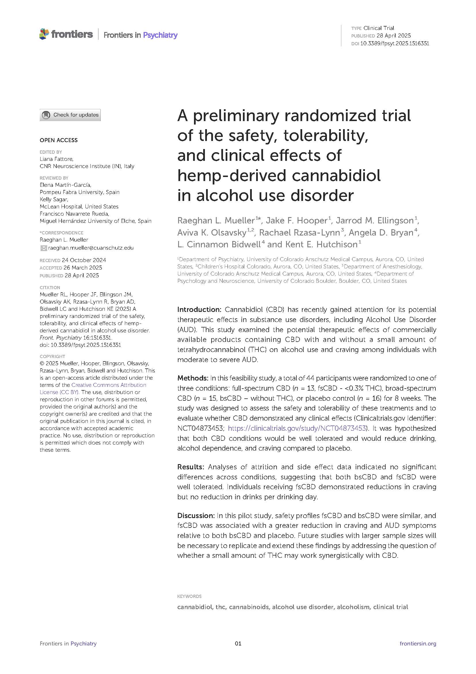 A preliminary randomized trial of the safety, tolerability, and clinical effects of hemp-derived cannabidiol in alcohol use disorder
